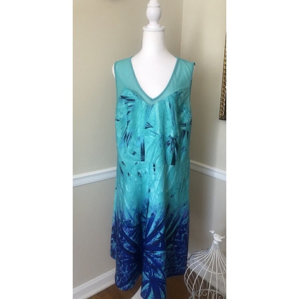 Cable & Gauge Womens Plus Size 1X Green Sleeveless Dress Stretch Leaf Print